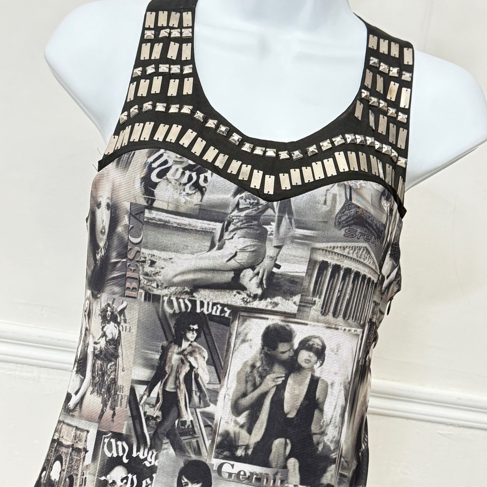 Forla Paris French Photo Print Studded Ruffle Mini Dress Black Gray Small